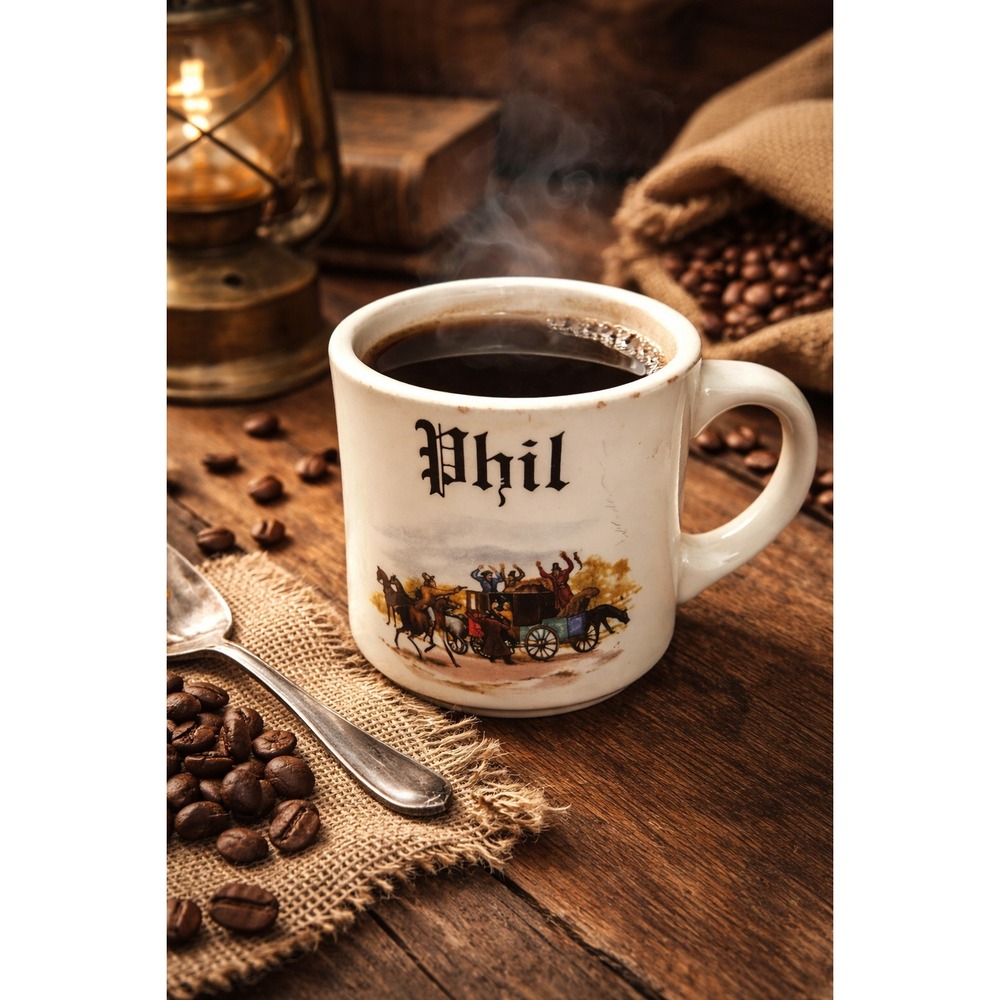 VTG Coffee Mug‎ Monogram "Phil" White Stagecoach Graphic Style Heavy Ceramic
